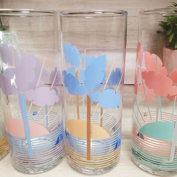 Vintage Tropical Highball Glasses Set of 4 Palm Trees - Picture 4 of 12